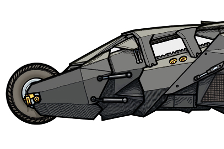 Close up detail of the Batmobile Tumbler driven by Bruce Wayne / Batman in the film Begins