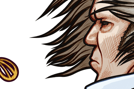 Close up detail of 451 portrait of musician Neil Young