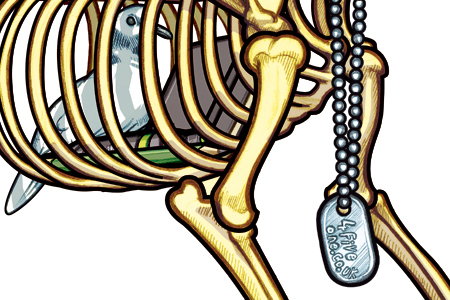 A further close up the detail of 451's illustration of the dog tags, pens, pencils and sketchpad in the ribcage